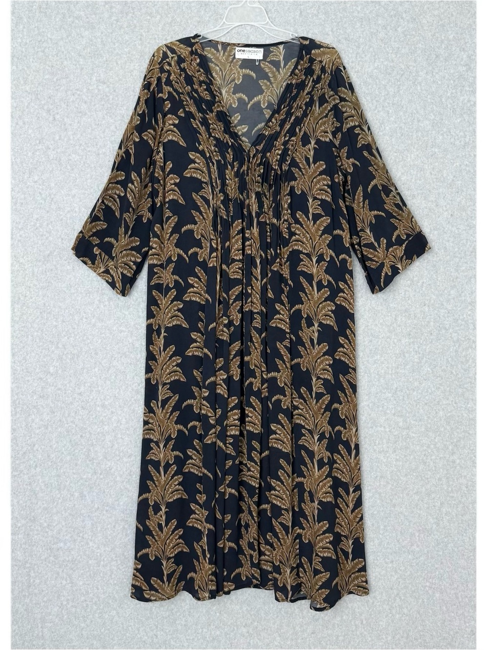 One Season Australia Navy Blue Brown Tan Palms Long Maxi Dress Kaftan Large READ